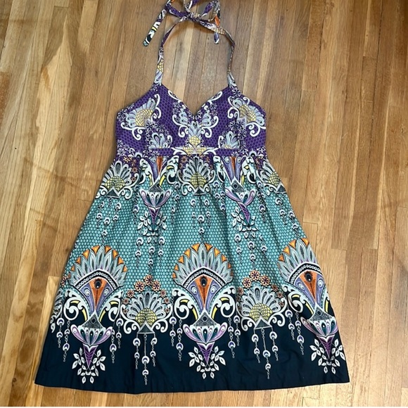 Express Purple Green Paisley Feathers Cotton Boho Empire Waist Halter Dress - Picture 1 of 7